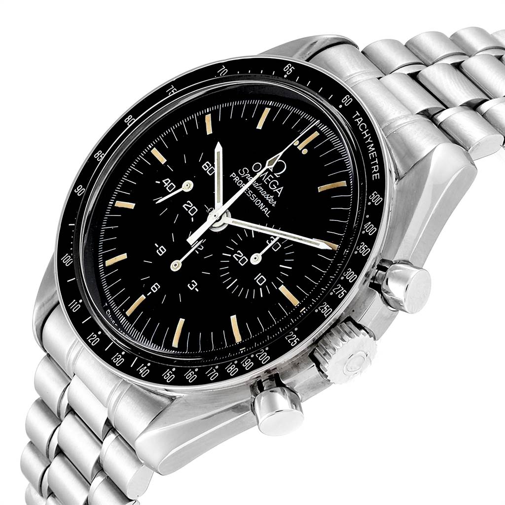 This image shows the Omega Speedmaster Men's Stainless Steel Black Dial Men's Stainless Steel Black Dial watch at an angle highlighting the face, pushers, crown, and part of the bracelet.