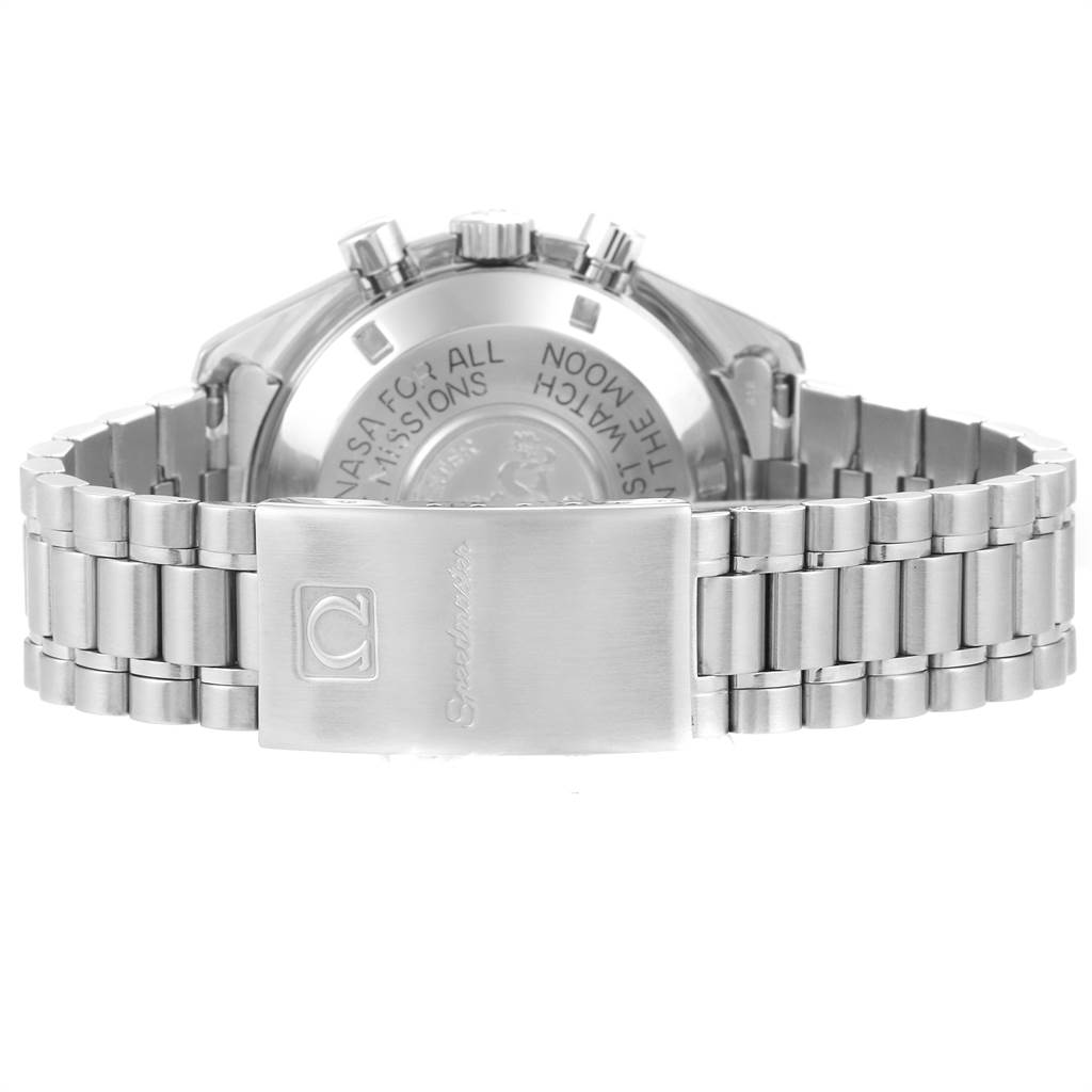 The image shows the back case and metal bracelet clasp of the Omega Speedmaster Men's Stainless Steel Black Dial Men's Stainless Steel Black Dial watch.