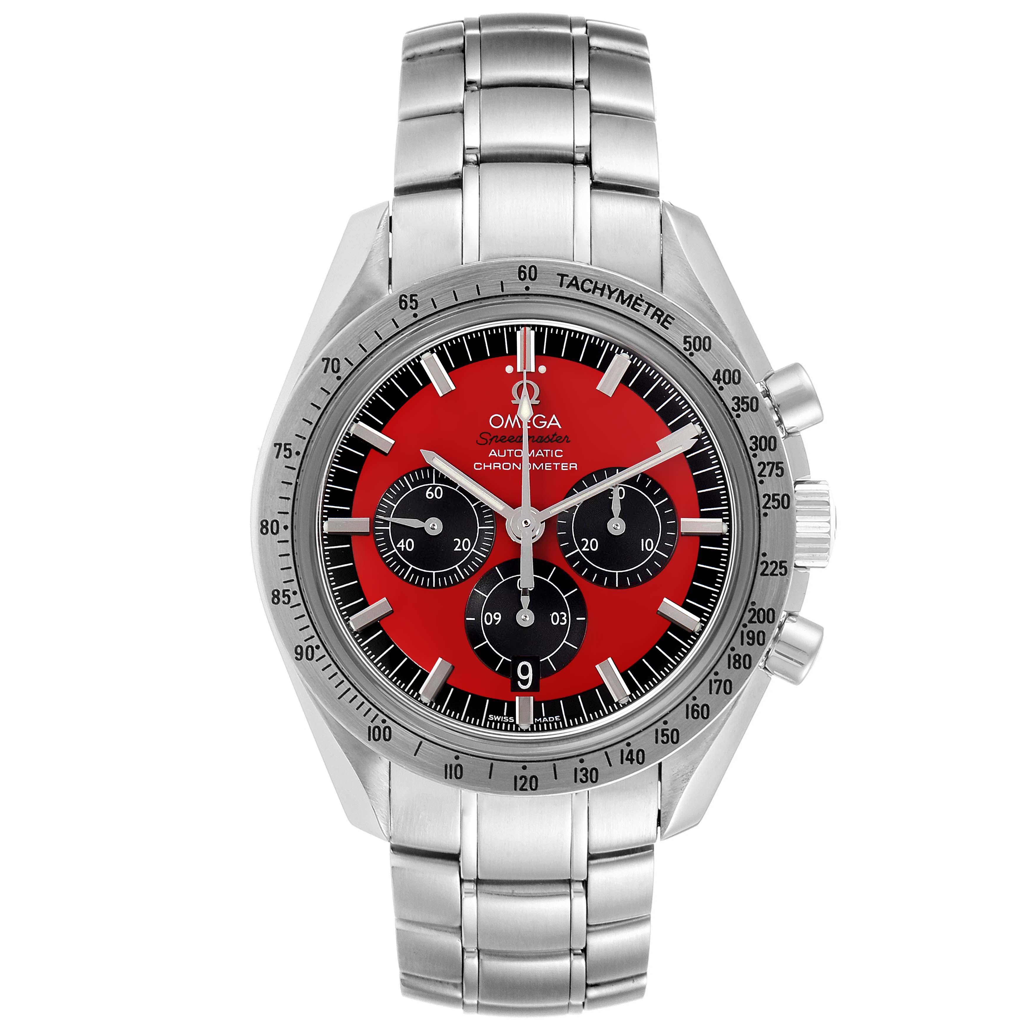 The image shows a frontal view of the Omega Speedmaster 3506.61.00 Men
s Stainless Steel Red Dial 3506.61.00 Men
s Stainless Steel Red Dial watch, highlighting its red dial, chronograph subdials, and stainless steel bracelet.