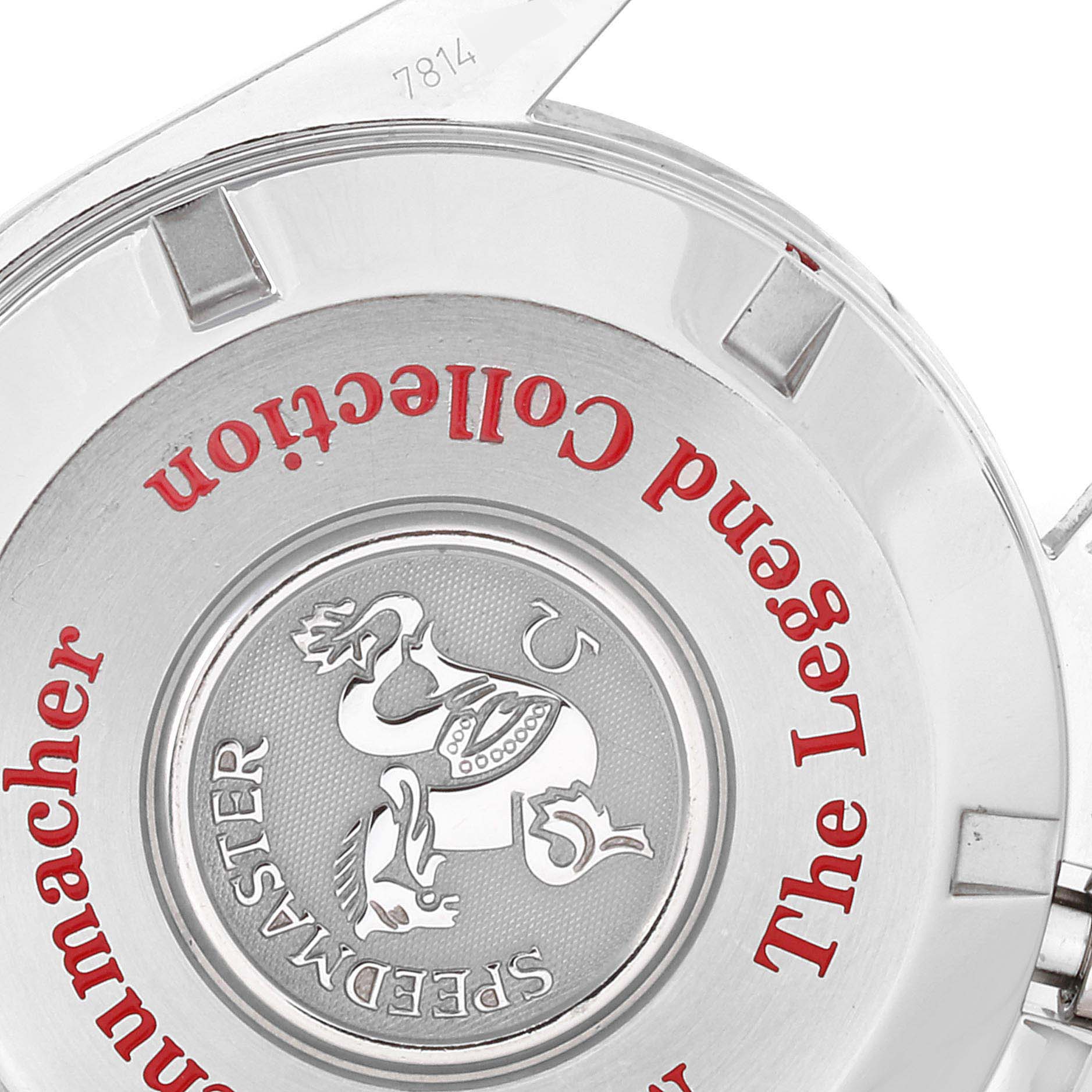 The image shows the case back of an Omega Speedmaster 3506.61.00 Men
s Stainless Steel Red Dial 3506.61.00 Men
s Stainless Steel Red Dial watch, displaying the engraved emblem and some text.