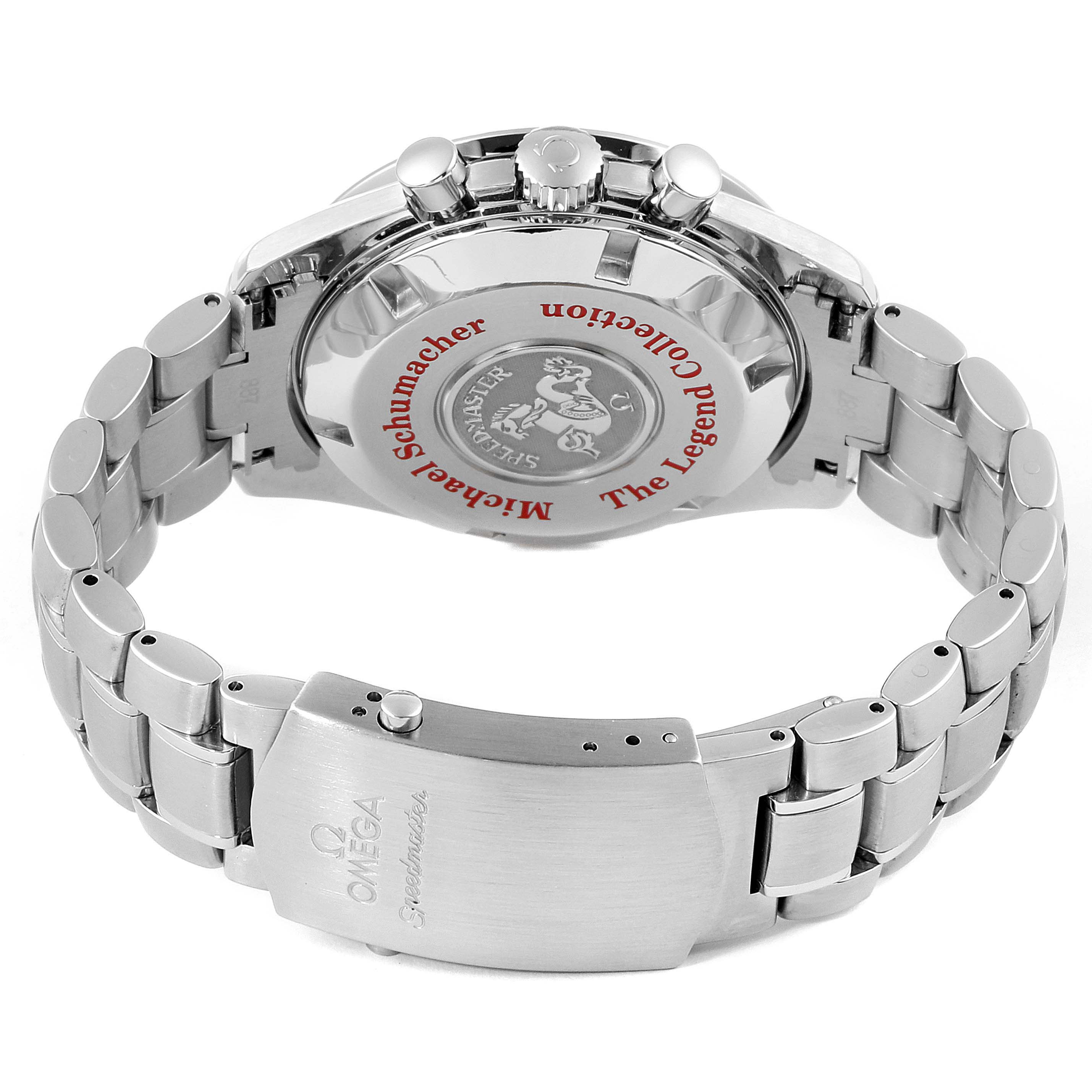 This image shows the back case and stainless steel bracelet of the Omega Speedmaster 3506.61.00 Men
s Stainless Steel Red Dial 3506.61.00 Men
s Stainless Steel Red Dial watch.