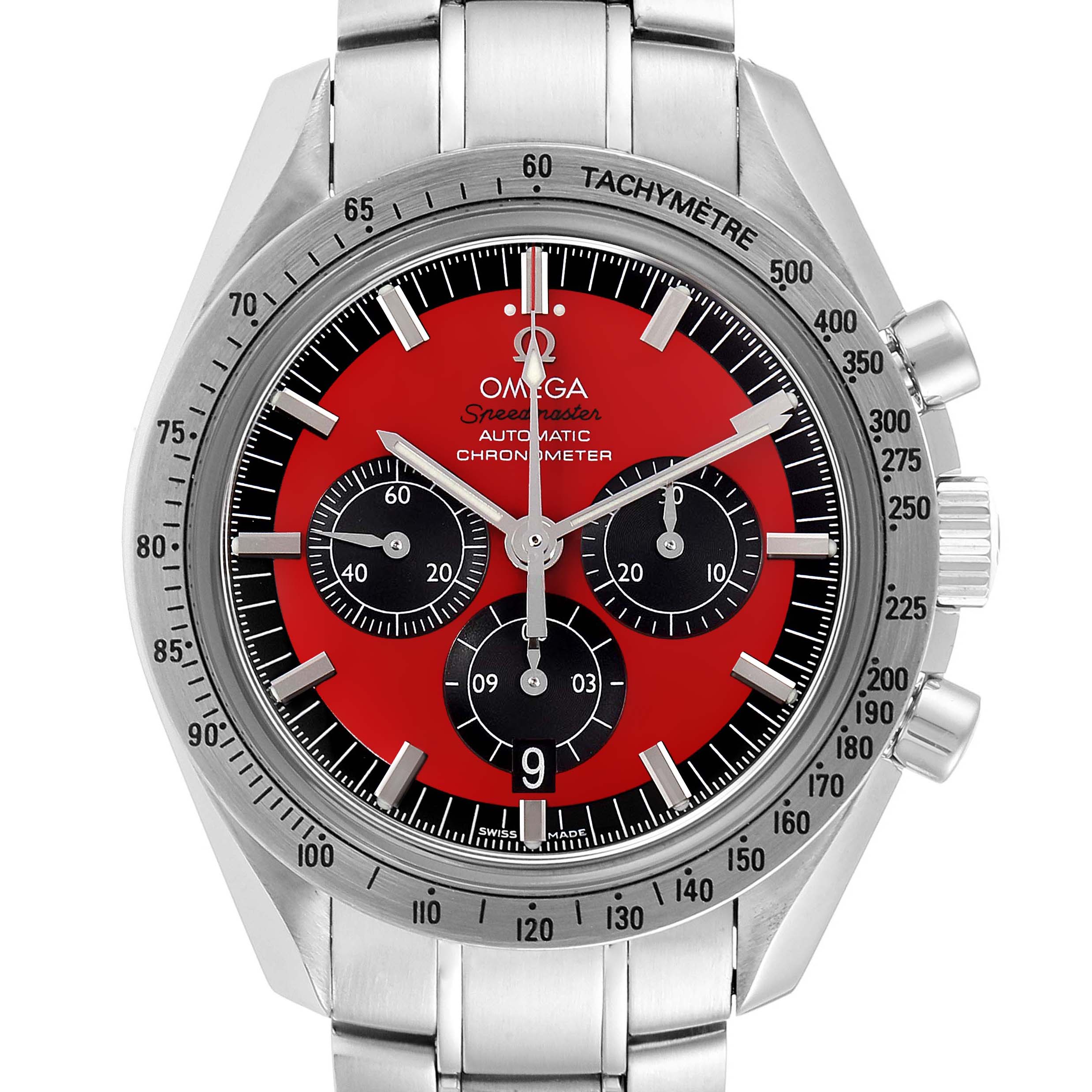 The Omega Speedmaster 3506.61.00 Men
s Stainless Steel Red Dial 3506.61.00 Men
s Stainless Steel Red Dial watch is shown from a top view, displaying its red dial, chronograph sub-dials, and tachymeter bezel.