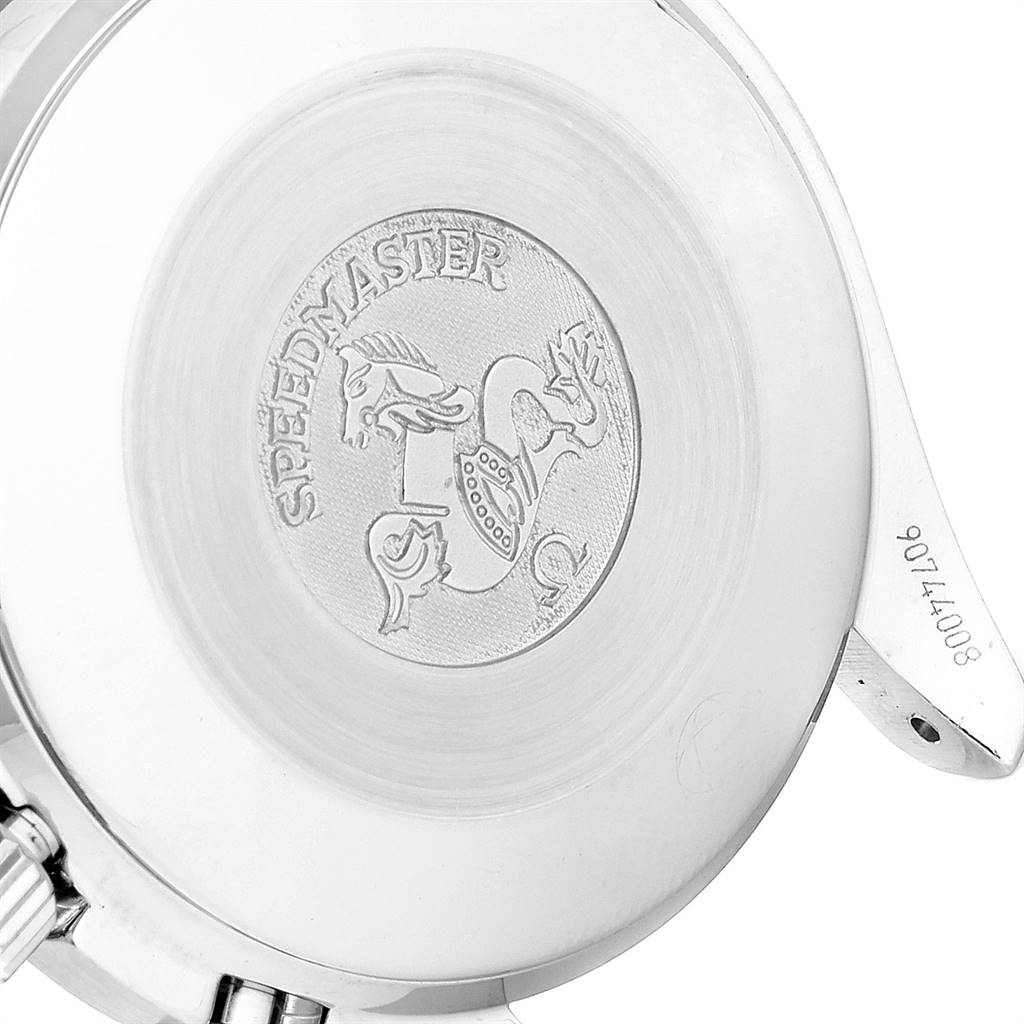 This is a close-up view of the back case of an Omega Speedmaster 3539.50.00 Men
s Stainless Steel Black Dial 3539.50.00 Men
s Stainless Steel Black Dial watch, displaying the engraved emblem and model details.