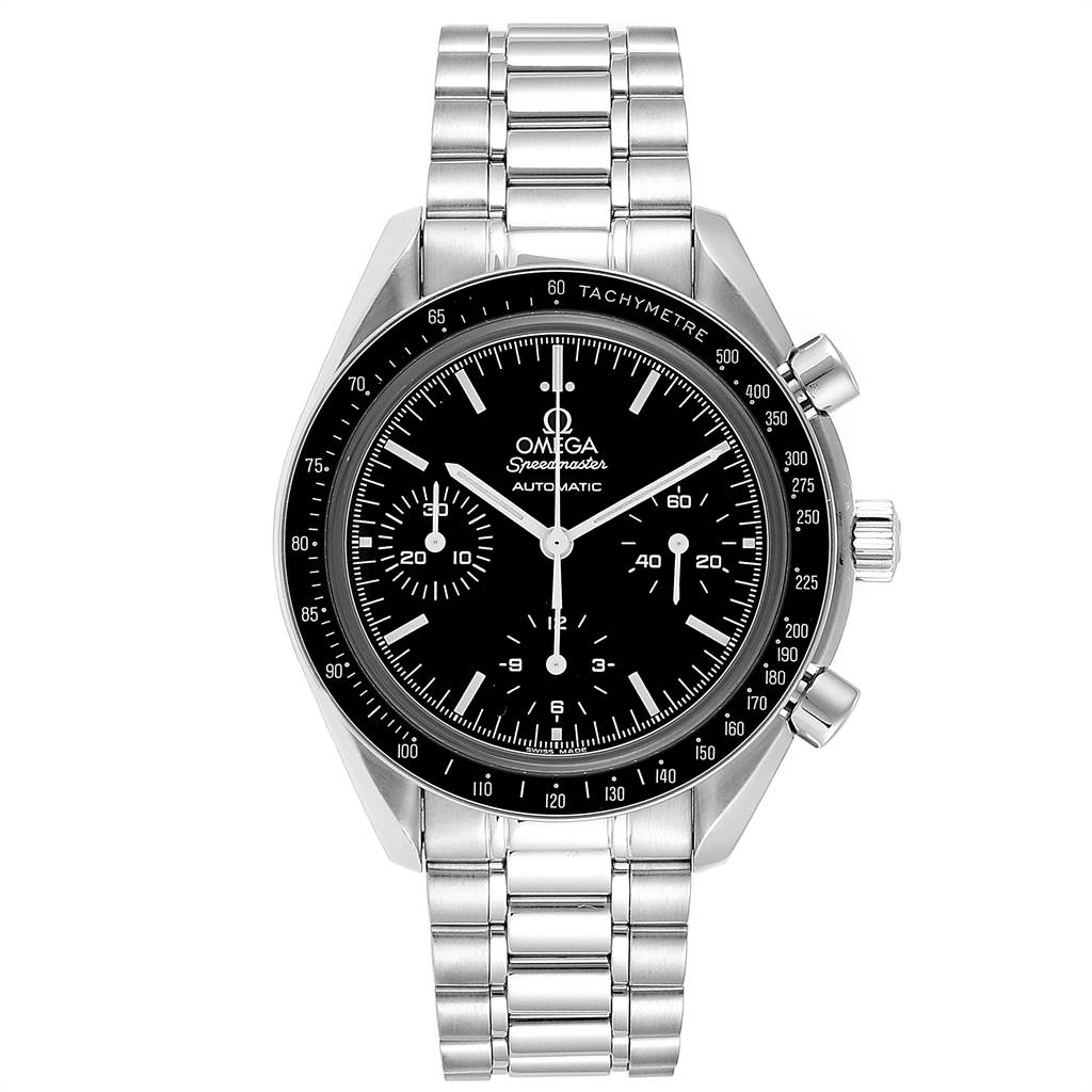 This image shows the front view of an Omega Speedmaster 3539.50.00 Men
s Stainless Steel Black Dial 3539.50.00 Men
s Stainless Steel Black Dial watch, highlighting its black dial, tachymeter bezel, and stainless steel bracelet.