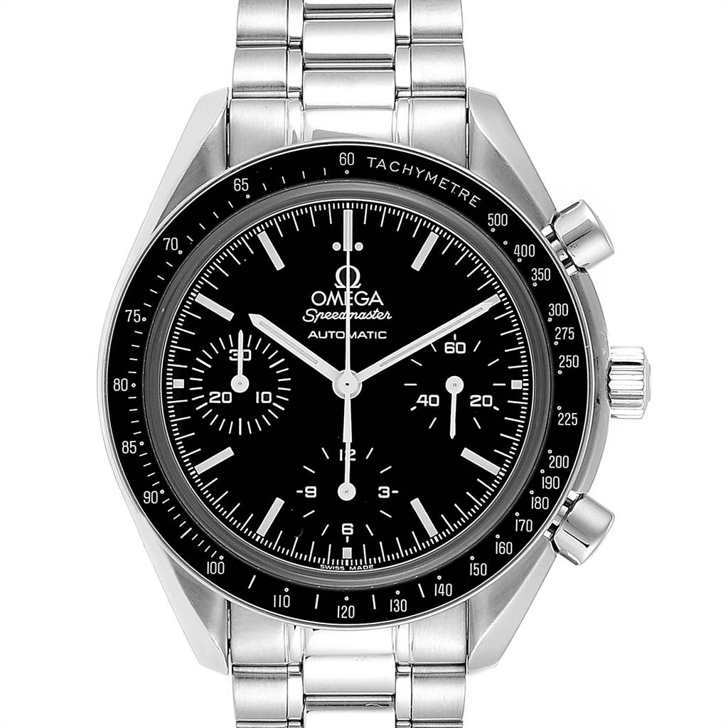 The Omega Speedmaster 3539.50.00 Men
s Stainless Steel Black Dial 3539.50.00 Men
s Stainless Steel Black Dial watch is shown from a front-facing angle, displaying its black dial, chronograph subdials, tachymeter bezel, and stainless steel bracelet.