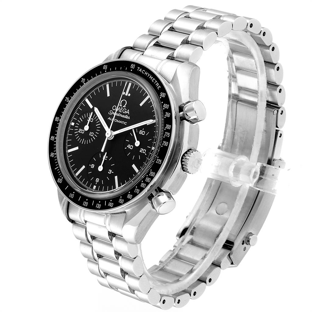 The image shows an Omega Speedmaster 3539.50.00 Men
s Stainless Steel Black Dial 3539.50.00 Men
s Stainless Steel Black Dial watch at an angled view, highlighting the face, bezel, crown, pushers, and bracelet.