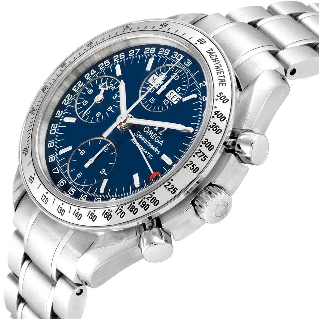 This image shows a close-up side angle of the Omega Speedmaster 3523.80.00 Men
s Stainless Steel Blue Dial 3523.80.00 Men
s Stainless Steel Blue Dial watch, highlighting its dial, bezel, pushers, and bracelet.