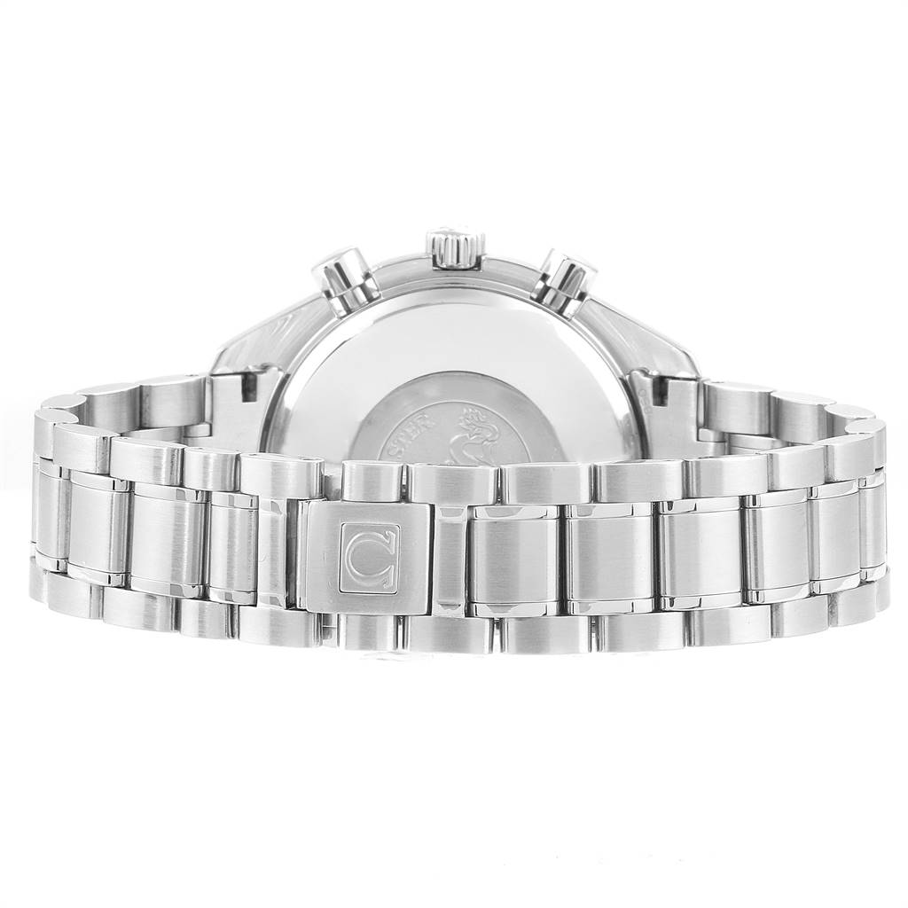 The image shows the back view of an Omega Speedmaster 3523.80.00 Men
s Stainless Steel Blue Dial 3523.80.00 Men
s Stainless Steel Blue Dial watch, highlighting its metal bracelet and clasp.