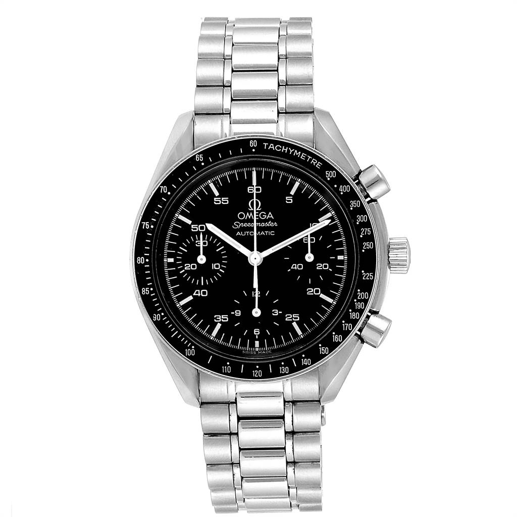 This image shows a front view of the Omega Speedmaster 3510.50.00 Men's Stainless Steel Black Dial 3510.50.00 Men's Stainless Steel Black Dial watch, highlighting its black dial, tachymetre bezel, and stainless steel bracelet.