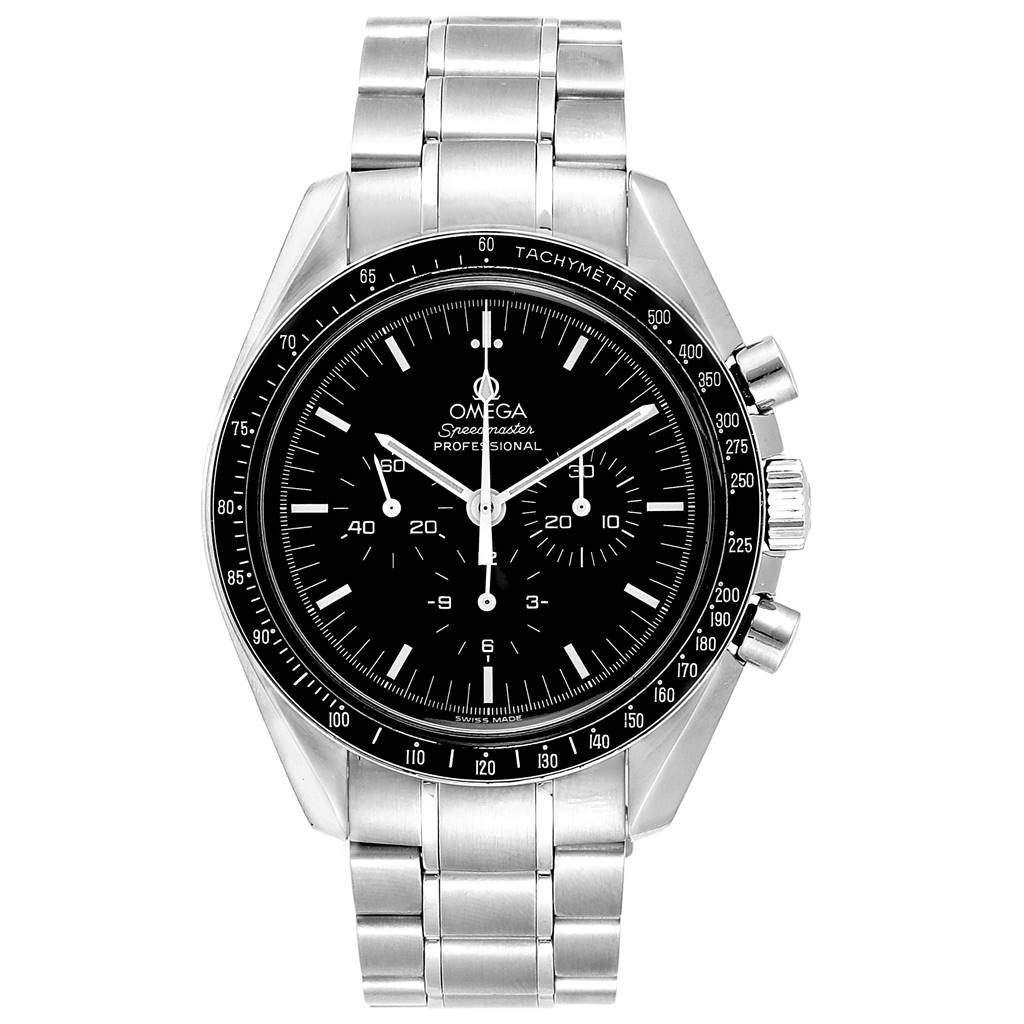 The image shows a front view of an Omega Speedmaster 3570.50.00 Men
s Stainless Steel Black Dial 3570.50.00 Men
s Stainless Steel Black Dial watch, detailing its dial, bezel, chronograph subdials, and bracelet.