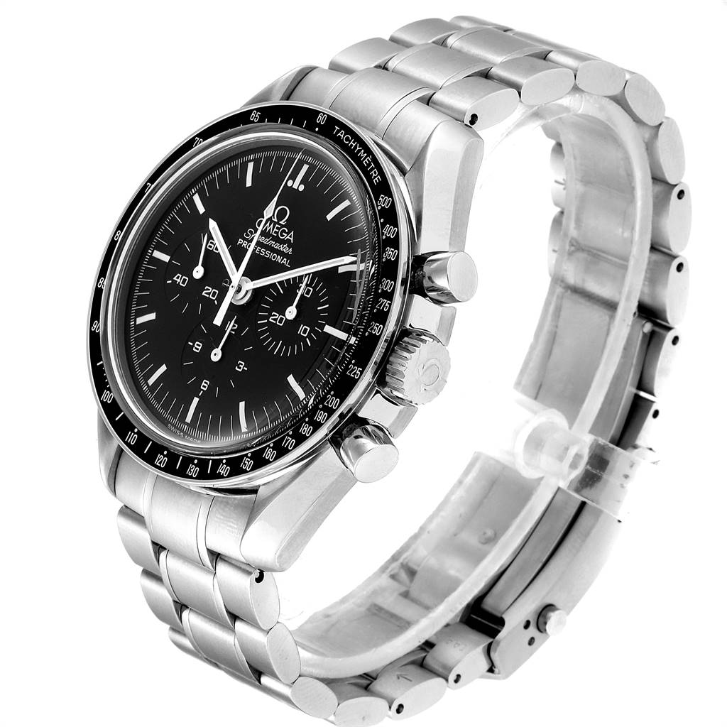 The Omega Speedmaster 3570.50.00 Men
s Stainless Steel Black Dial 3570.50.00 Men
s Stainless Steel Black Dial watch is shown at an oblique angle, highlighting the dial, bezel, crown, and bracelet.
