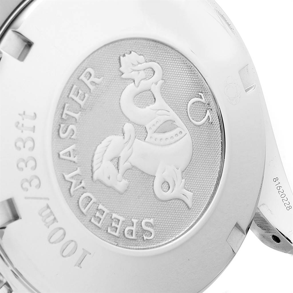 The image shows the case back of an Omega Speedmaster 3211.31.00 Men
s Stainless Steel Silver Dial 3211.31.00 Men
s Stainless Steel Silver Dial watch, highlighting its branding and design details.