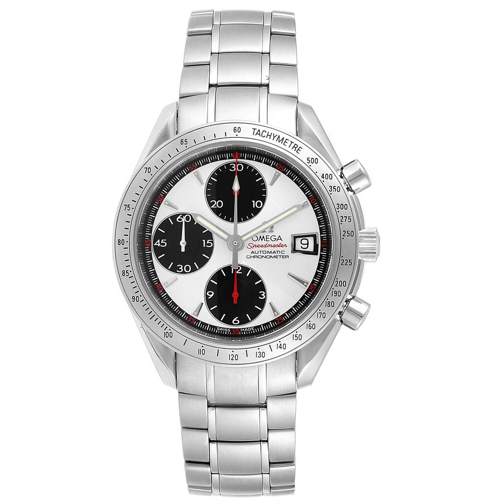 The image shows a front view of an Omega Speedmaster 3211.31.00 Men
s Stainless Steel Silver Dial 3211.31.00 Men
s Stainless Steel Silver Dial watch, highlighting the dial, sub-dials, bracelet, and tachymetre.