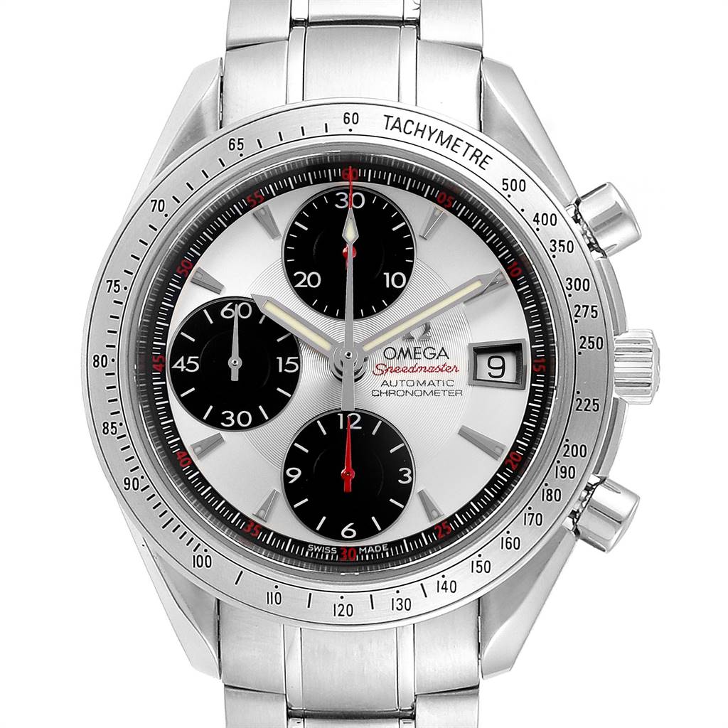 This Omega Speedmaster 3211.31.00 Men
s Stainless Steel Silver Dial 3211.31.00 Men
s Stainless Steel Silver Dial watch is shown from the front, displaying its face, bezel, subdials, hands, and bracelet.