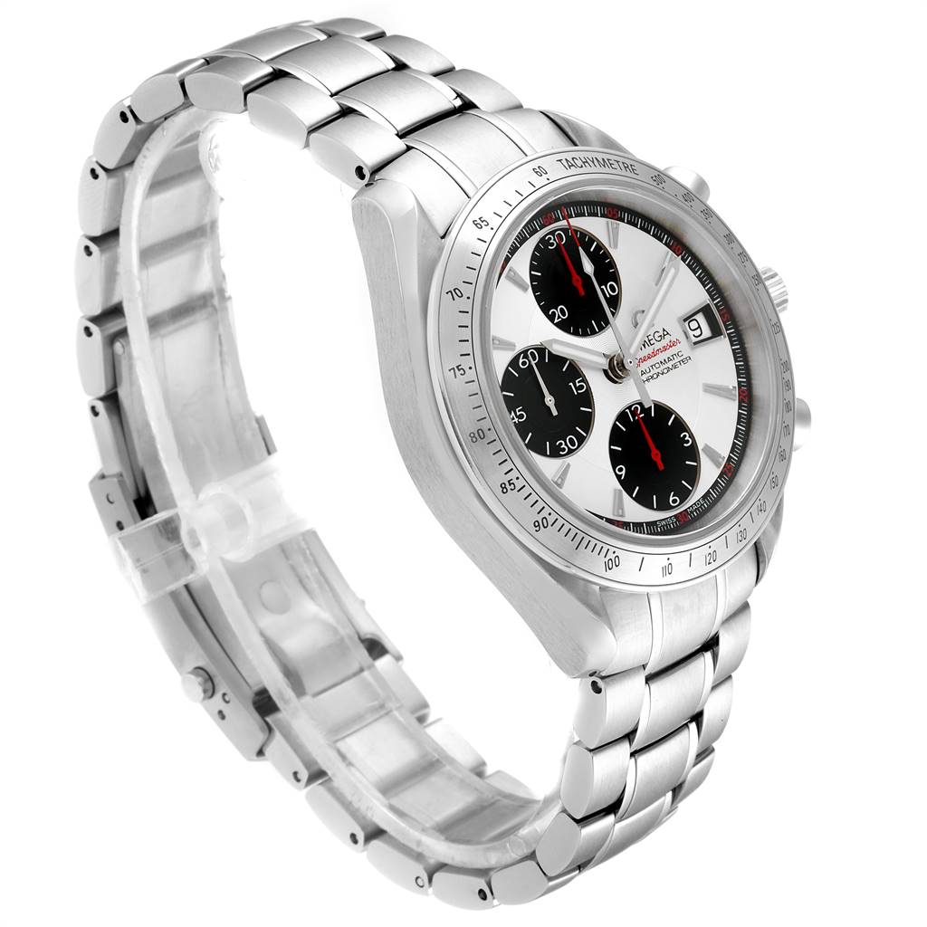 This Omega Speedmaster 3211.31.00 Men
s Stainless Steel Silver Dial 3211.31.00 Men
s Stainless Steel Silver Dial watch is shown at a three-quarter angle, highlighting the face, bezel, and metal bracelet.