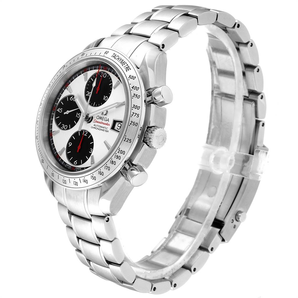 This image shows the Omega Speedmaster 3211.31.00 Men
s Stainless Steel Silver Dial 3211.31.00 Men
s Stainless Steel Silver Dial watch from an angled side view, highlighting the bracelet, case, and its chronograph dials.