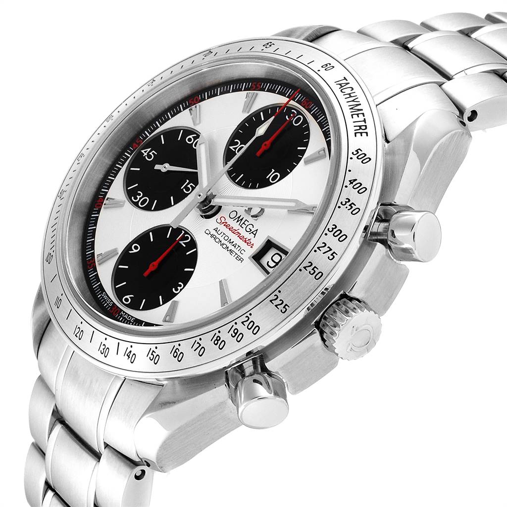 The image shows an angled view of an Omega Speedmaster 3211.31.00 Men
s Stainless Steel Silver Dial 3211.31.00 Men
s Stainless Steel Silver Dial watch highlighting its tachymeter bezel, chronograph dials, and brushed metal strap.