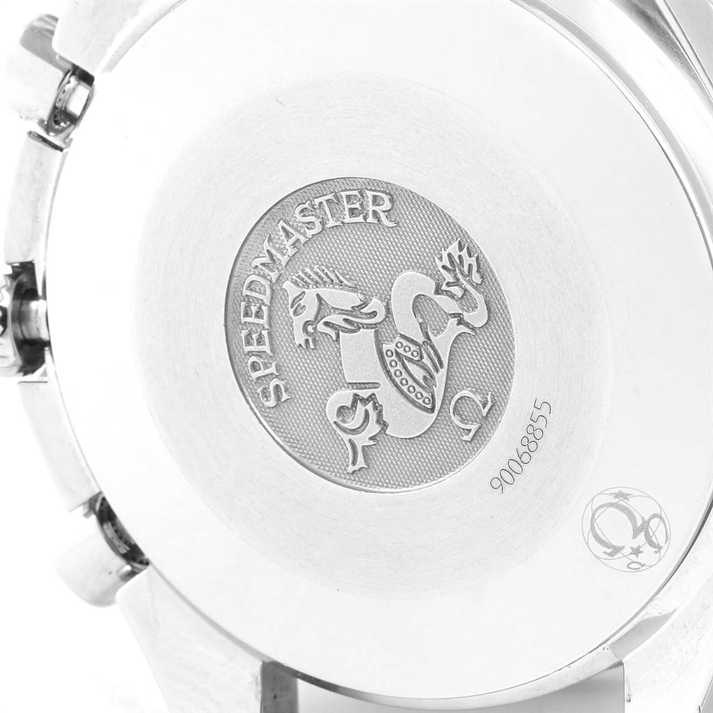 The image shows the back case of an Omega Speedmaster 3539.50.00 Men
s Stainless Steel Black Dial 3539.50.00 Men
s Stainless Steel Black Dial watch, featuring the engraved logo and model name.