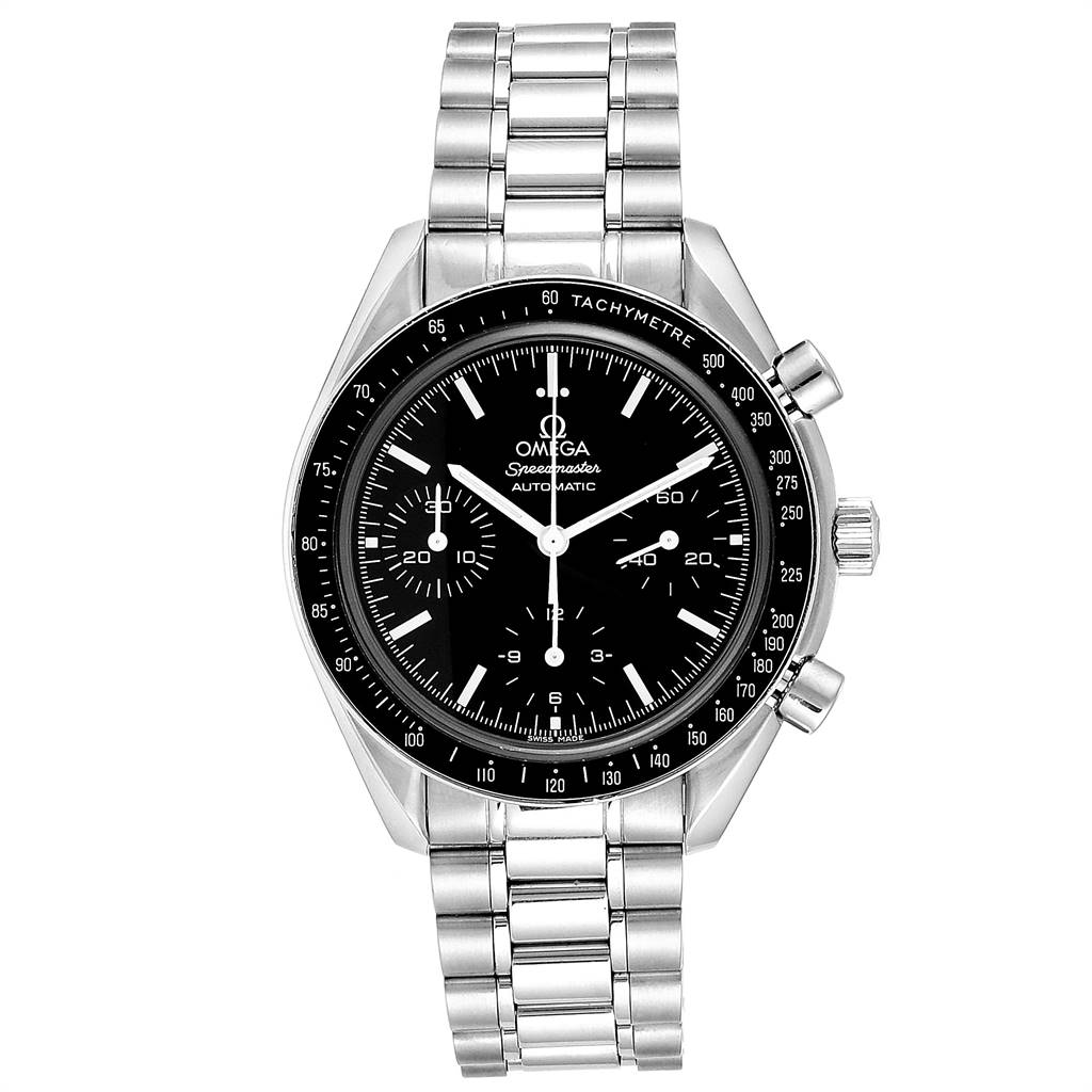 The image shows a front view of an Omega Speedmaster 3539.50.00 Men
s Stainless Steel Black Dial 3539.50.00 Men
s Stainless Steel Black Dial watch, highlighting its black dial, tachymeter bezel, and stainless steel bracelet.