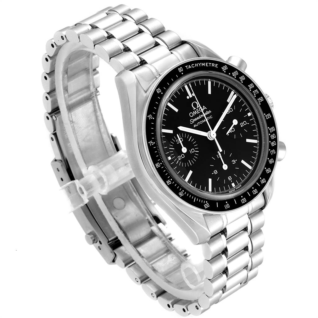 The Omega Speedmaster 3539.50.00 Men
s Stainless Steel Black Dial 3539.50.00 Men
s Stainless Steel Black Dial watch is shown at an angled top-down view, displaying its face, tachymeter bezel, and metal bracelet.