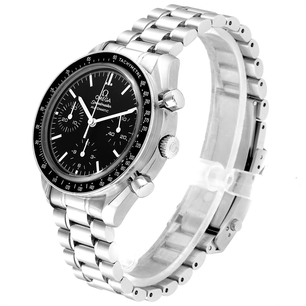 This image shows an Omega Speedmaster 3539.50.00 Men
s Stainless Steel Black Dial 3539.50.00 Men
s Stainless Steel Black Dial watch from an angled side view, highlighting the face, tachymeter bezel, chronograph pushers, and metal bracelet.