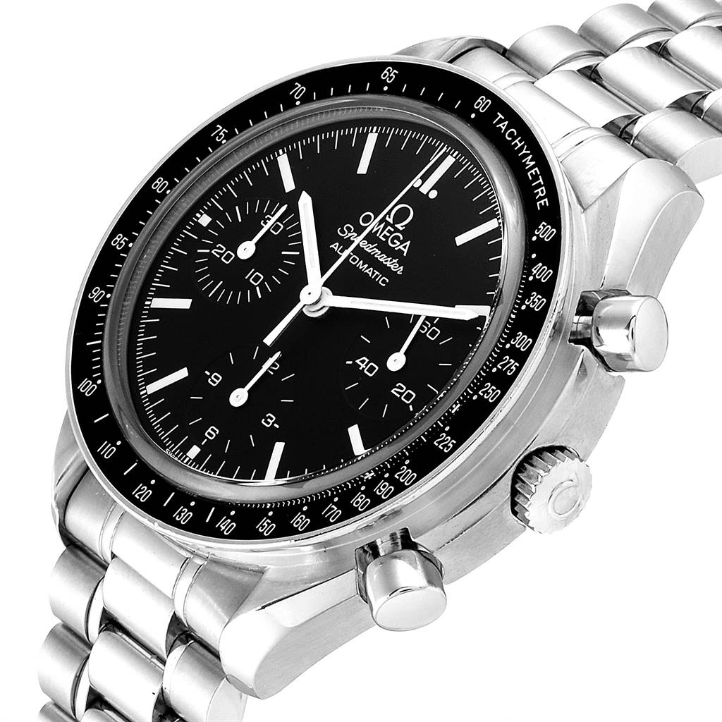 The image shows an angled close-up of the face, crown, and pushers of the Omega Speedmaster 3539.50.00 Men
s Stainless Steel Black Dial 3539.50.00 Men
s Stainless Steel Black Dial watch.