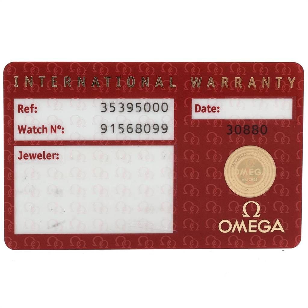 This is a close-up image of the International Warranty card for an Omega Speedmaster 3539.50.00 Men
s Stainless Steel Black Dial 3539.50.00 Men
s Stainless Steel Black Dial watch.