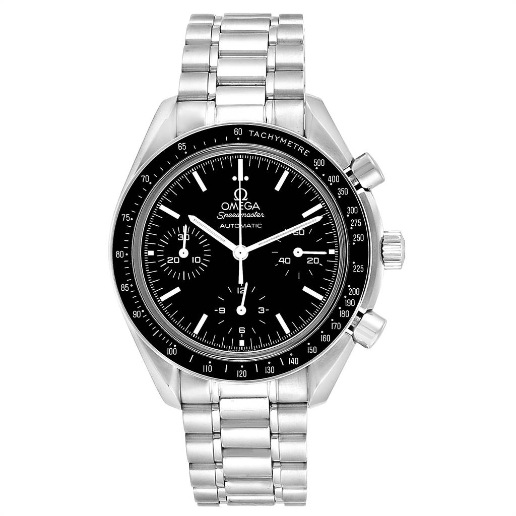A frontal view of the Omega Speedmaster 3539.50.00 Men
s Stainless Steel Black Dial 3539.50.00 Men
s Stainless Steel Black Dial watch showing the face, bezel, chronograph buttons, crown, and bracelet.