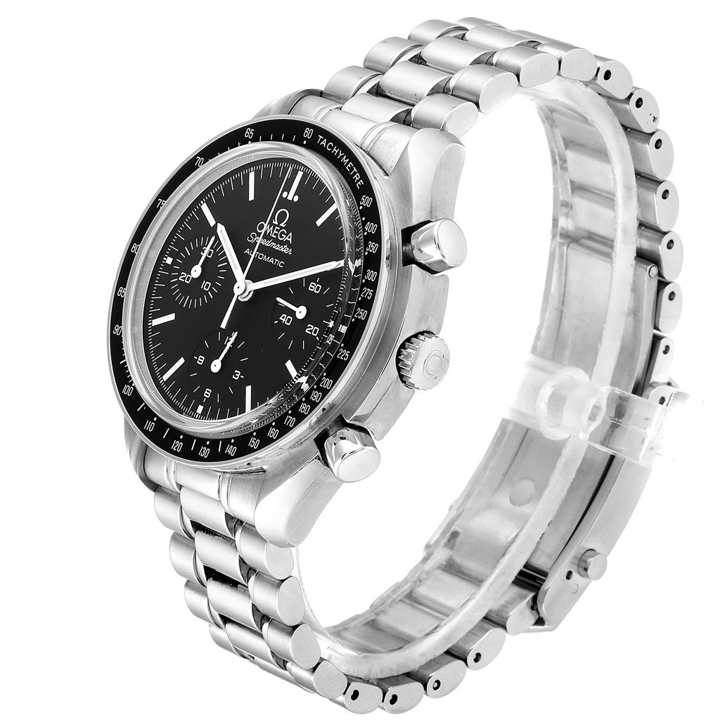 The image shows the Omega Speedmaster 3539.50.00 Men
s Stainless Steel Black Dial 3539.50.00 Men
s Stainless Steel Black Dial watch from a front-side angle, highlighting the face, bezel, pushers, and bracelet.