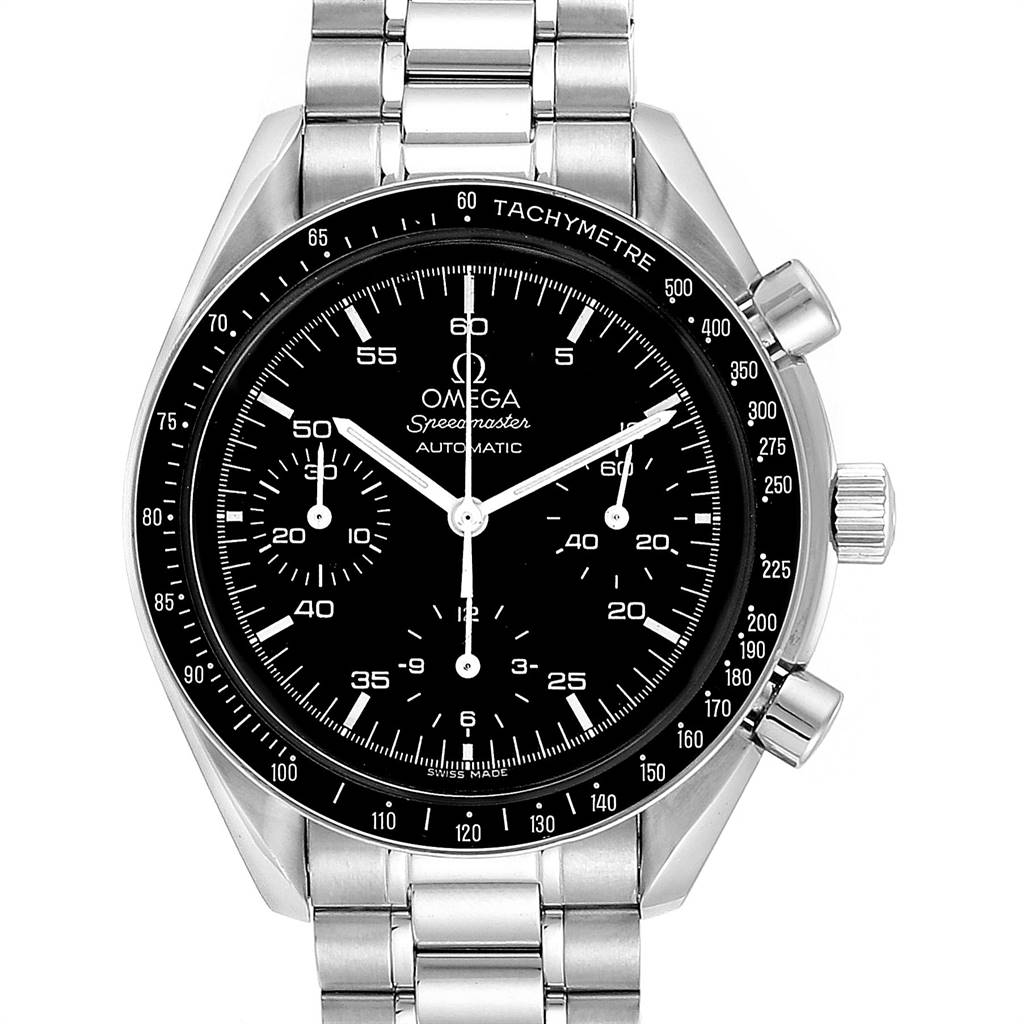 The image shows a front view of the Omega Speedmaster 3510.50.00 Men
s Stainless Steel Black Dial 3510.50.00 Men
s Stainless Steel Black Dial watch, displaying the dial, bezel with tachymeter, and stainless steel bracelet.