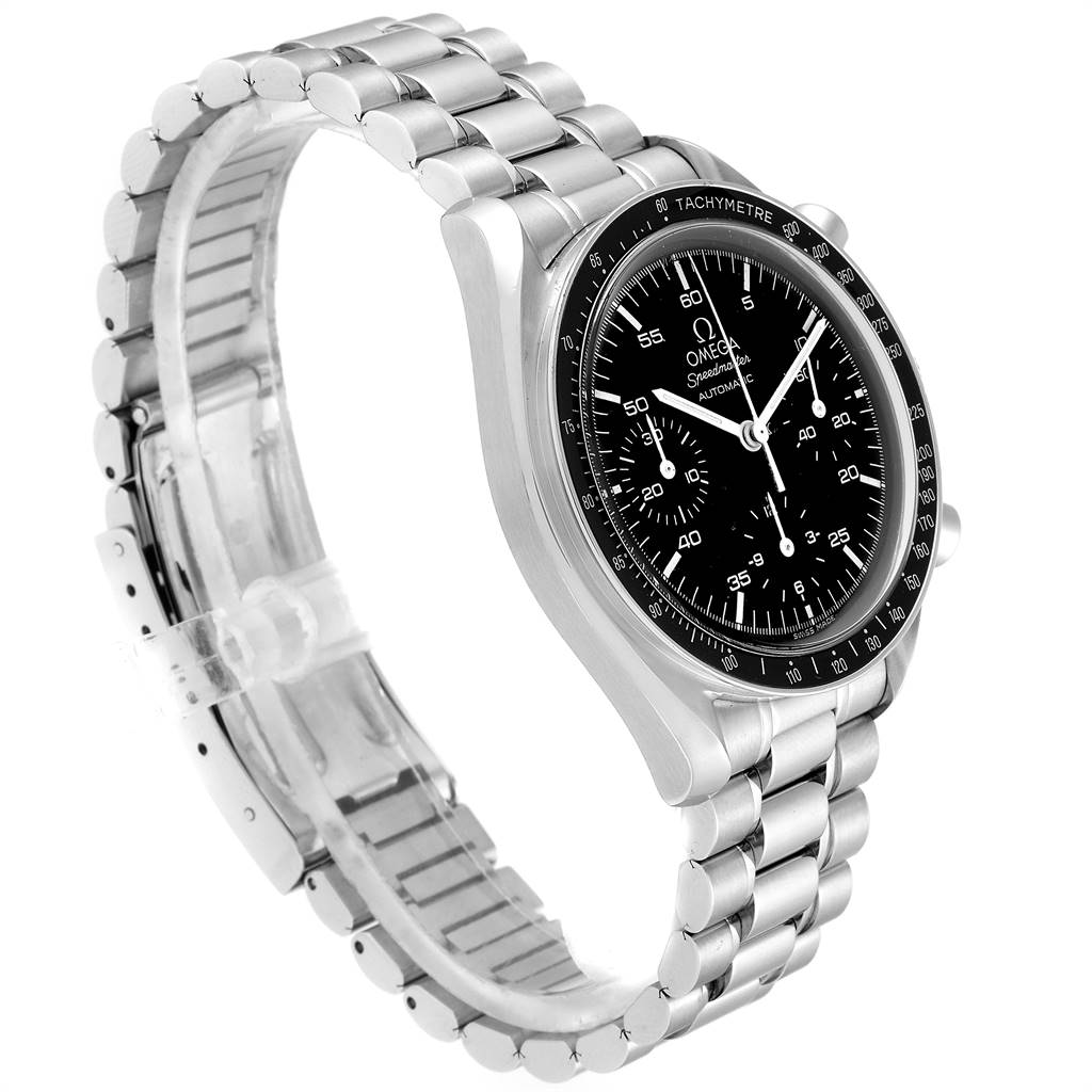 The image shows an Omega Speedmaster 3510.50.00 Men
s Stainless Steel Black Dial 3510.50.00 Men
s Stainless Steel Black Dial watch angled from the front-right, highlighting its face, bezel, and metal bracelet.