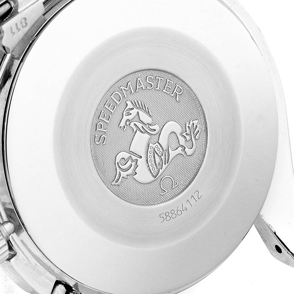 The image shows the engraved case back of an Omega Speedmaster 3510.50.00 Men
s Stainless Steel Black Dial 3510.50.00 Men
s Stainless Steel Black Dial watch, featuring the logo and model name.