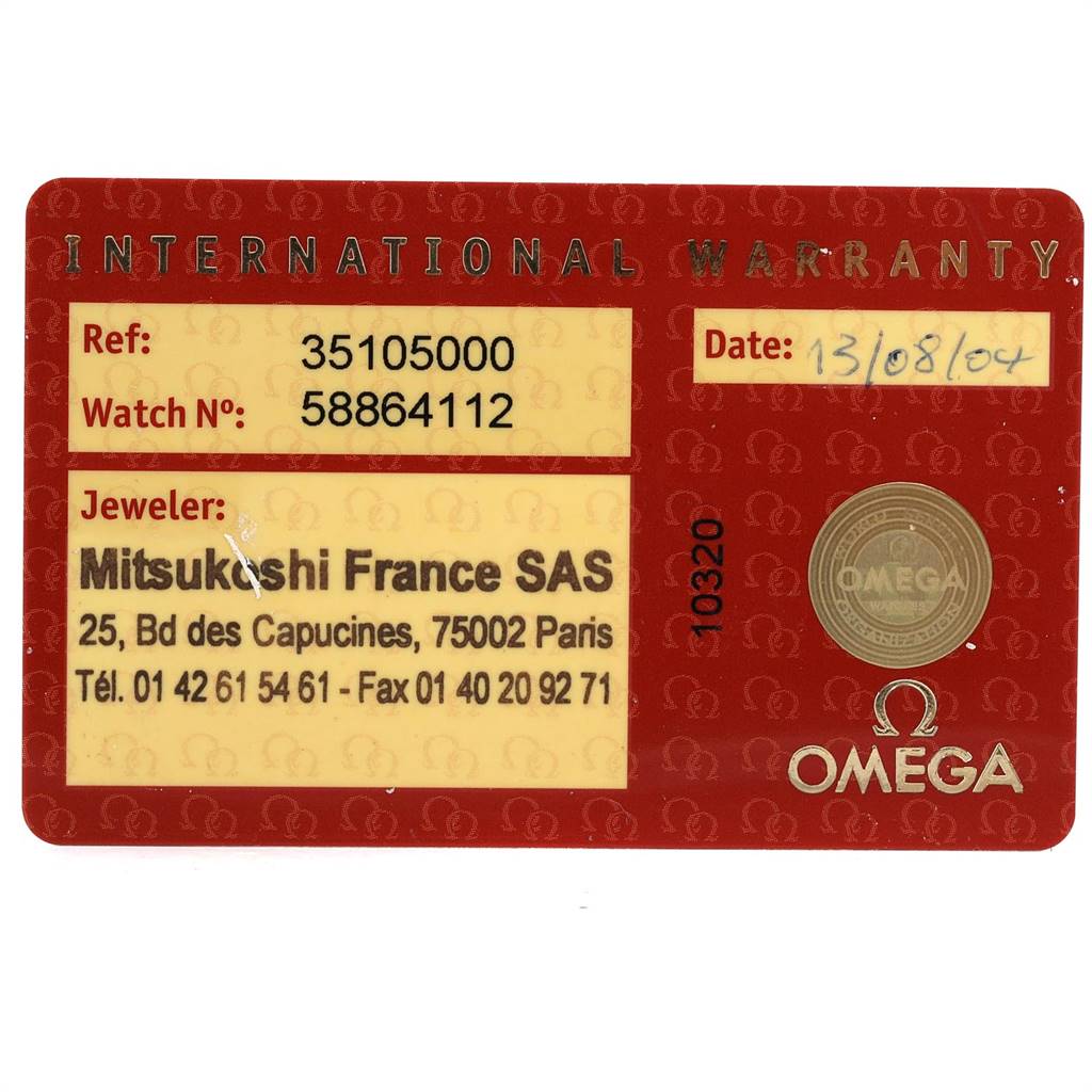 The image shows the international warranty card for the Omega Speedmaster 3510.50.00 Men
s Stainless Steel Black Dial 3510.50.00 Men
s Stainless Steel Black Dial watch.