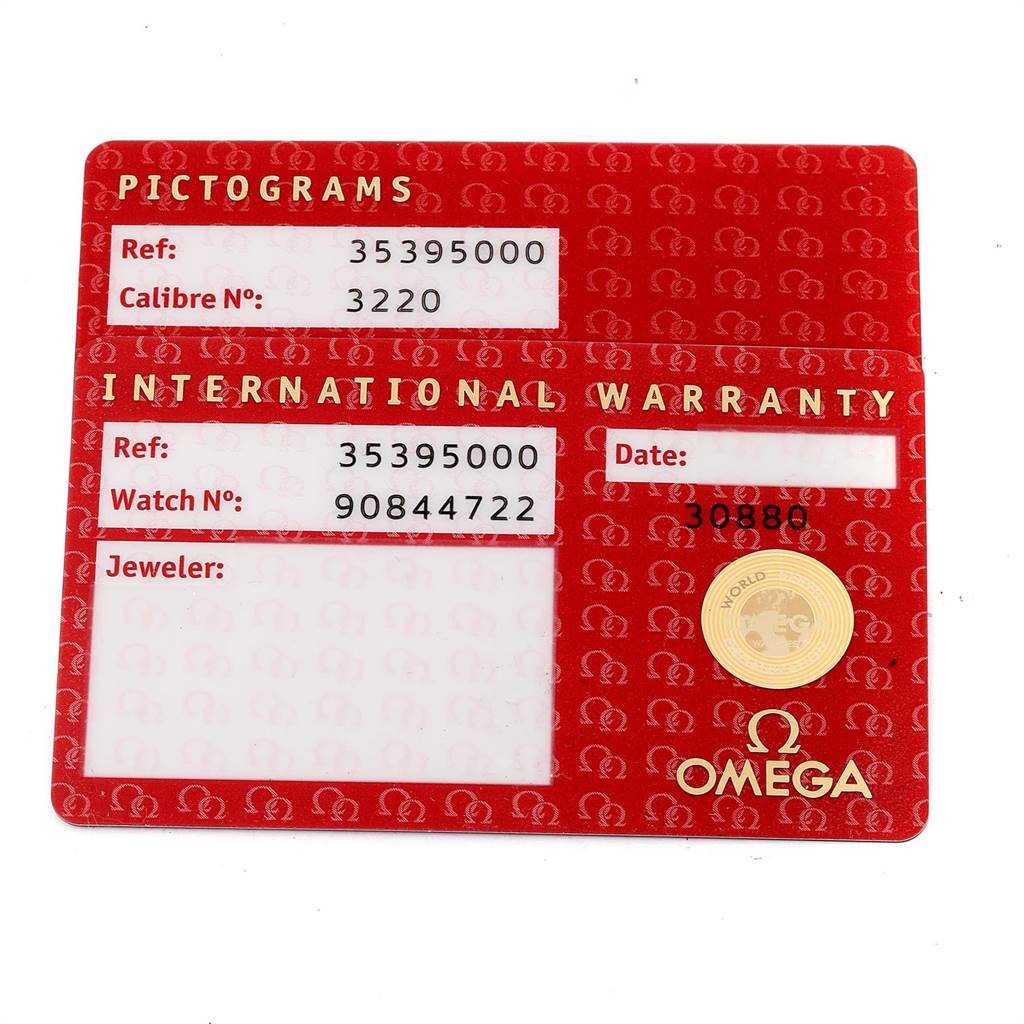 The image shows an Omega Speedmaster 3539.50.00 Men
s Stainless Steel Black Dial 3539.50.00 Men
s Stainless Steel Black Dial watch
s international warranty card, displaying the reference and watch numbers.