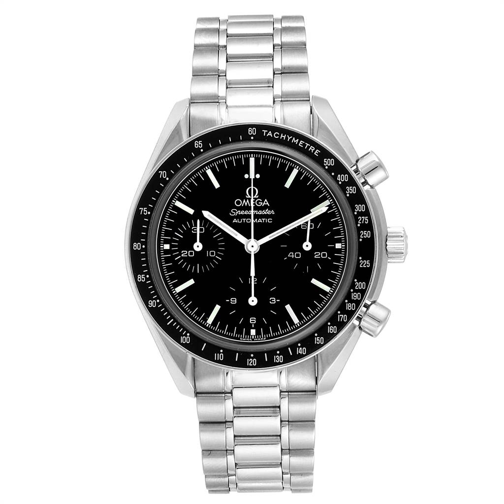 This image shows a full frontal view of an Omega Speedmaster 3539.50.00 Men
s Stainless Steel Black Dial 3539.50.00 Men
s Stainless Steel Black Dial watch, displaying the dial, bezel, and bracelet.