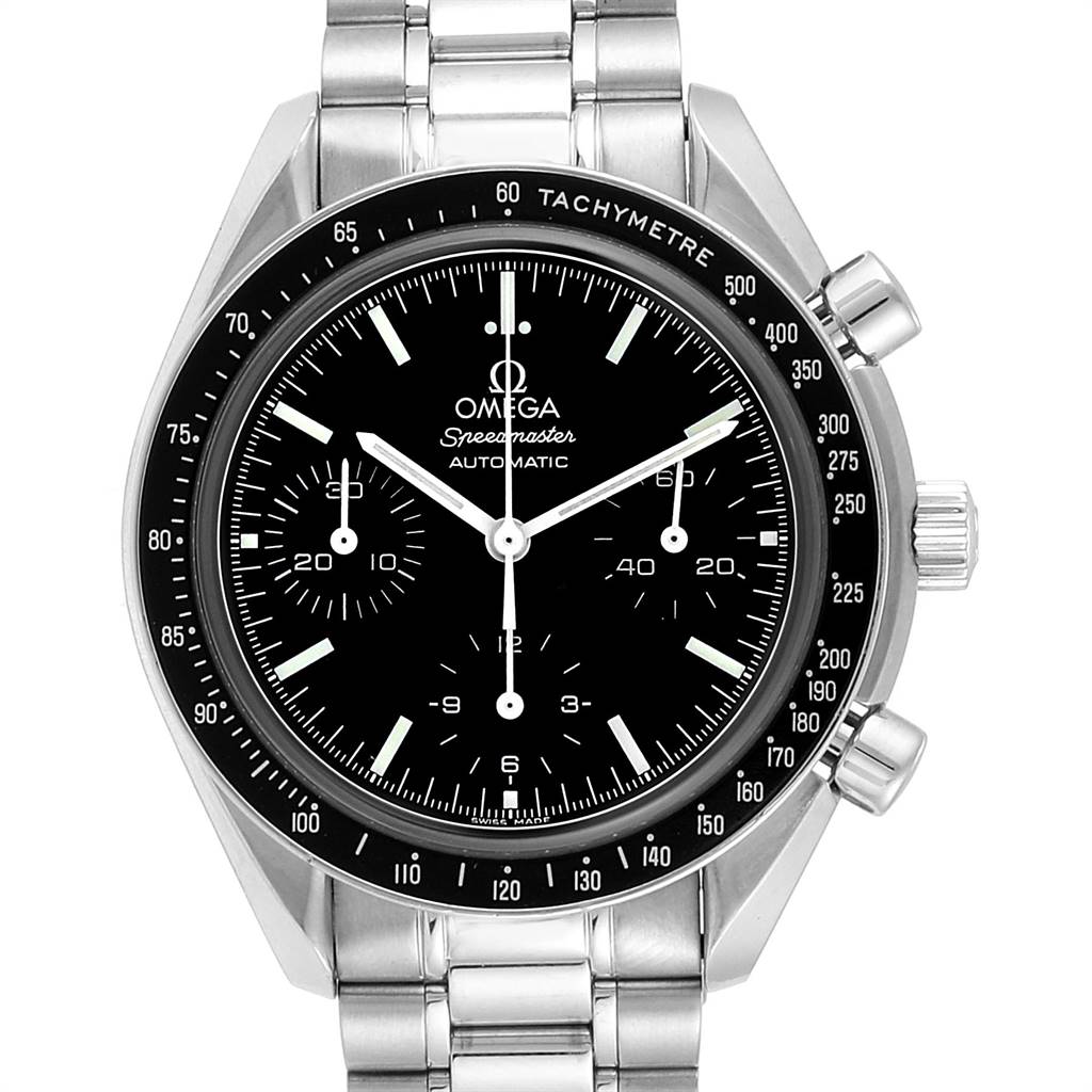 This Omega Speedmaster 3539.50.00 Men
s Stainless Steel Black Dial 3539.50.00 Men
s Stainless Steel Black Dial watch is shown from the front, displaying its dial, tachymeter bezel, and stainless steel bracelet.