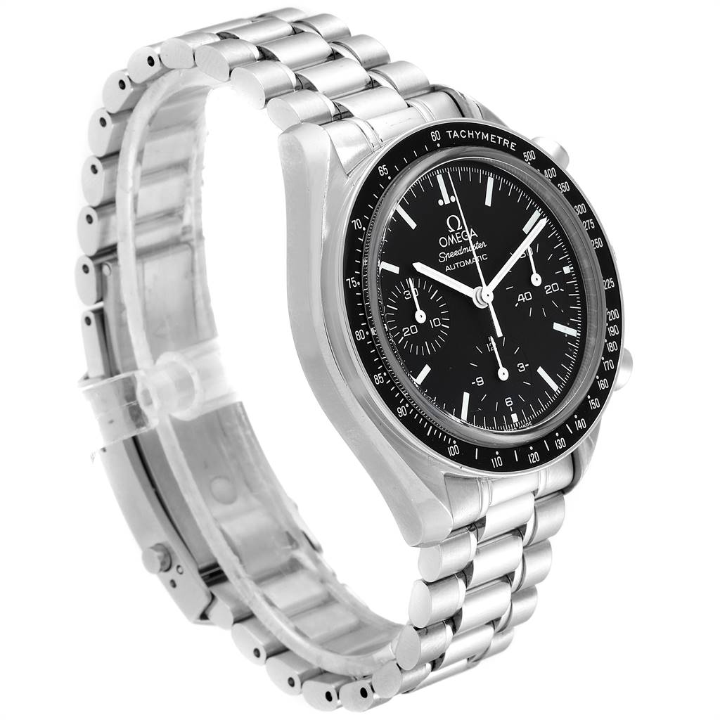 The Omega Speedmaster 3539.50.00 Men
s Stainless Steel Black Dial 3539.50.00 Men
s Stainless Steel Black Dial watch is shown from a three-quarter angle, highlighting its bracelet, case, bezel, and dial.