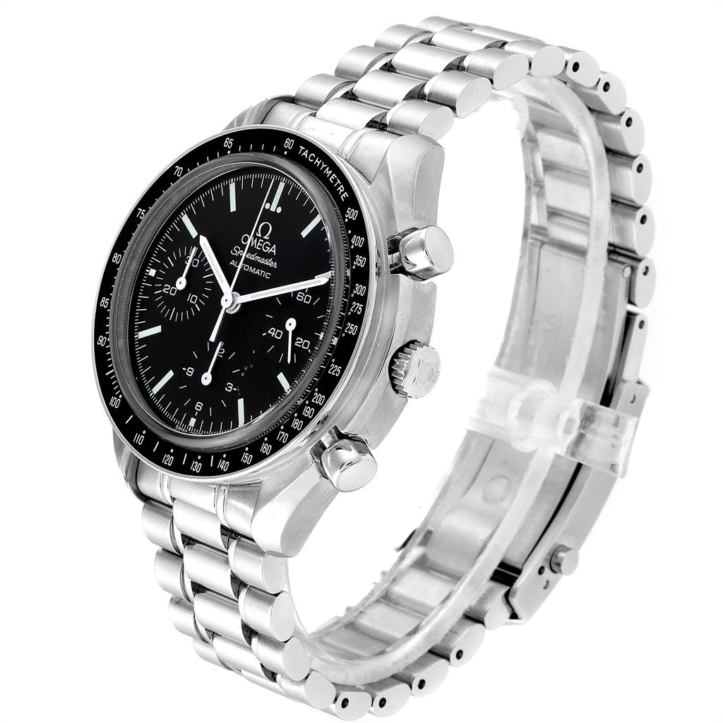 The image shows an Omega Speedmaster 3539.50.00 Men
s Stainless Steel Black Dial 3539.50.00 Men
s Stainless Steel Black Dial watch at a three-quarter angle, highlighting the bracelet, case, and dial.