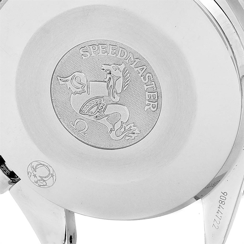 The image shows the case back of an Omega Speedmaster 3539.50.00 Men
s Stainless Steel Black Dial 3539.50.00 Men
s Stainless Steel Black Dial watch, displaying the engraved emblem and model name.