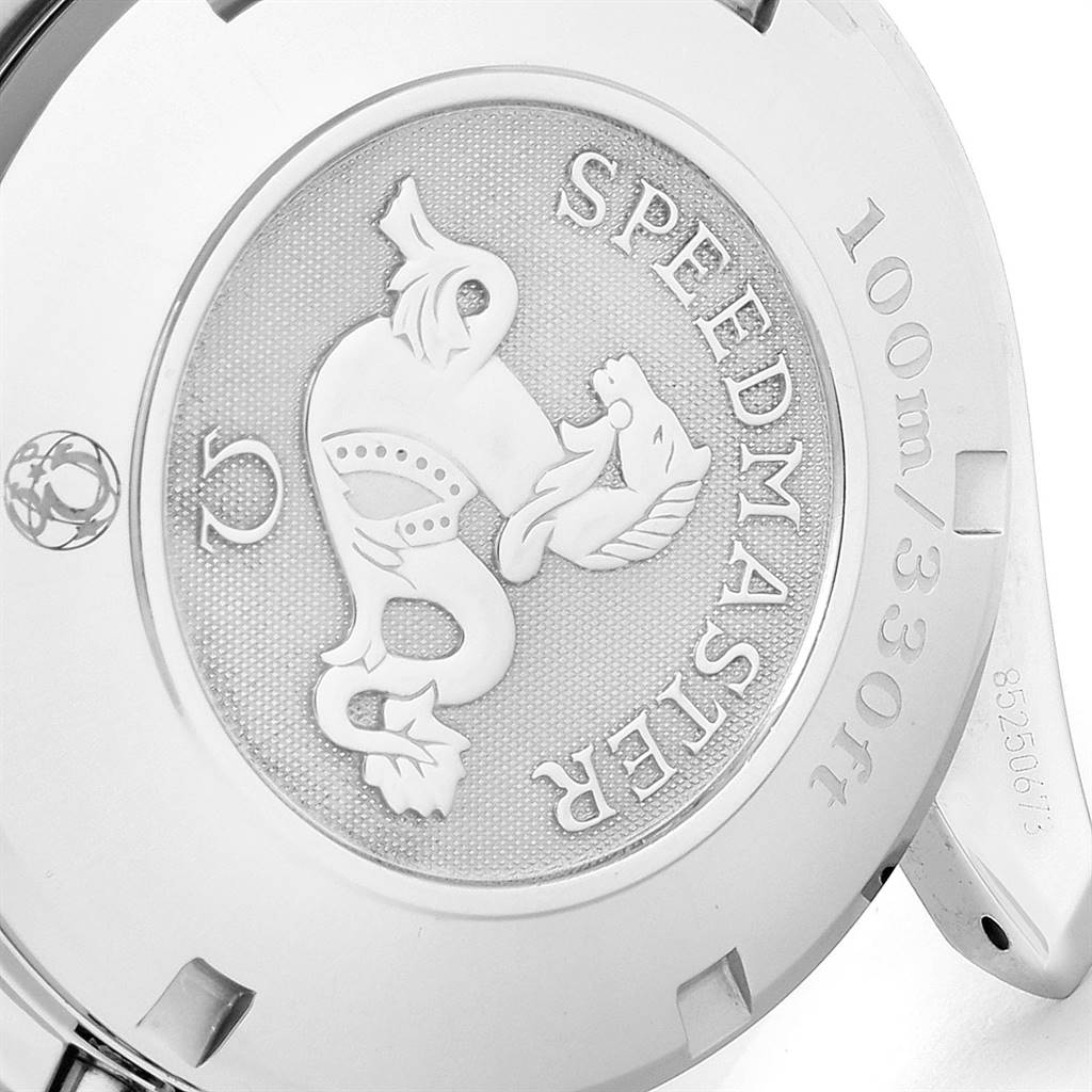 This image shows the back case of an Omega Speedmaster 323.10.40.40.02.001 Men
s Stainless Steel Silver Dial 323.10.40.40.02.001 Men
s Stainless Steel Silver Dial watch, displaying the brand
s logo and water resistance details.