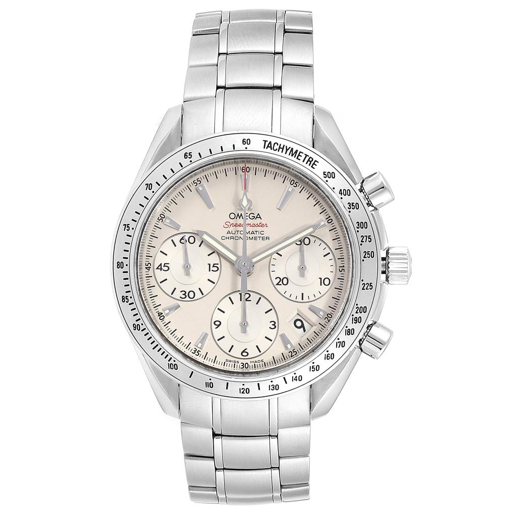 The Omega Speedmaster 323.10.40.40.02.001 Men
s Stainless Steel Silver Dial 323.10.40.40.02.001 Men
s Stainless Steel Silver Dial watch is shown from a front angle, displaying its face, bezel, and metal bracelet.