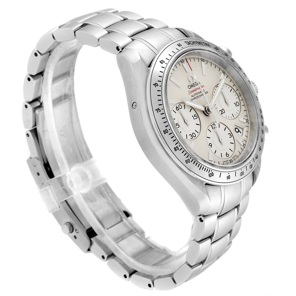 The image shows an Omega Speedmaster 323.10.40.40.02.001 Men
s Stainless Steel Silver Dial 323.10.40.40.02.001 Men
s Stainless Steel Silver Dial watch angled from the top left, highlighting its face, bezel, and metal bracelet.