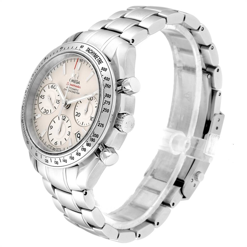 The image shows a side angle of the Omega Speedmaster 323.10.40.40.02.001 Men
s Stainless Steel Silver Dial 323.10.40.40.02.001 Men
s Stainless Steel Silver Dial watch, highlighting its bracelet, case, and chronograph buttons.