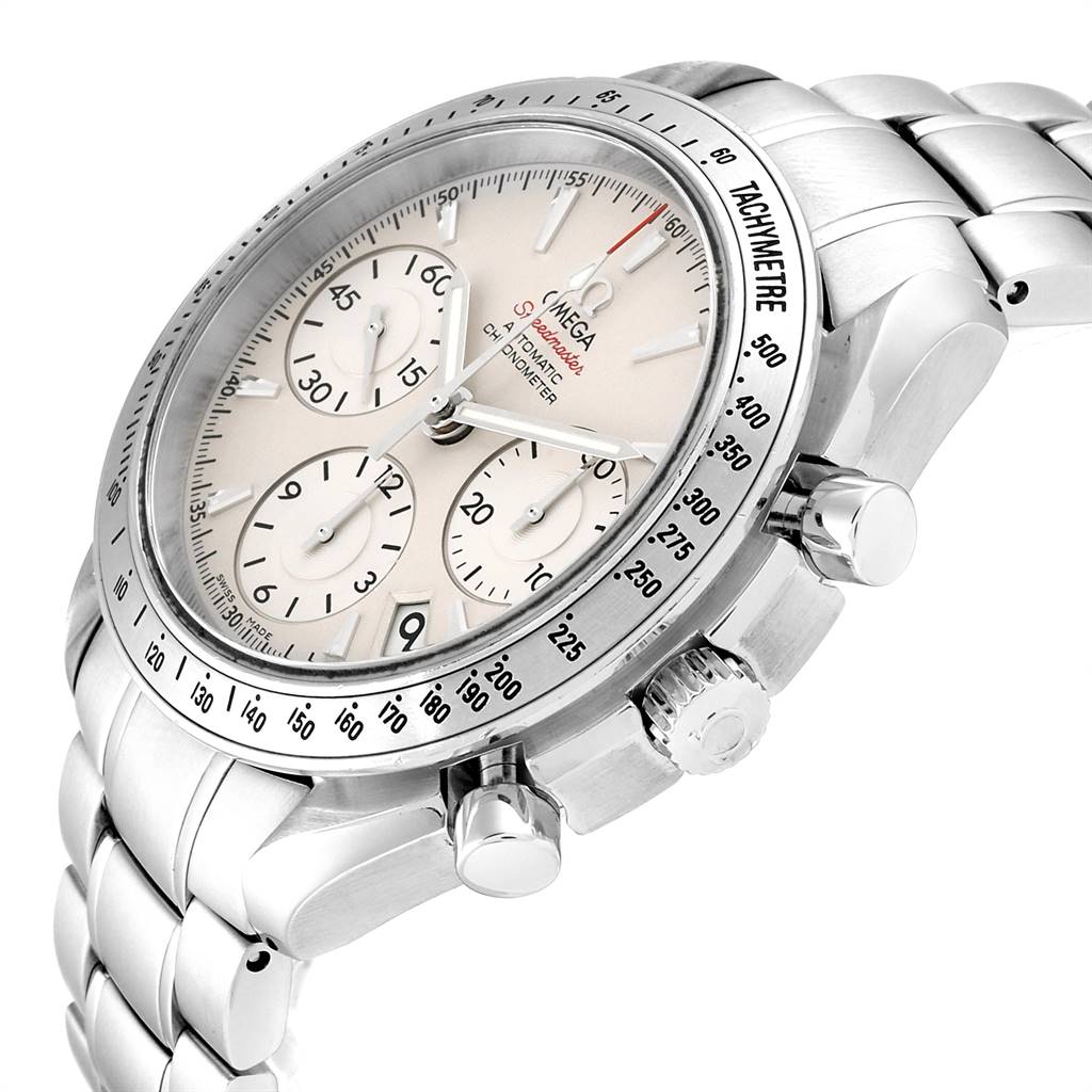 The image shows an Omega Speedmaster 323.10.40.40.02.001 Men
s Stainless Steel Silver Dial 323.10.40.40.02.001 Men
s Stainless Steel Silver Dial watch with a white dial, angled slightly from the right side, displaying its tachymeter bezel and chronograph pushers.