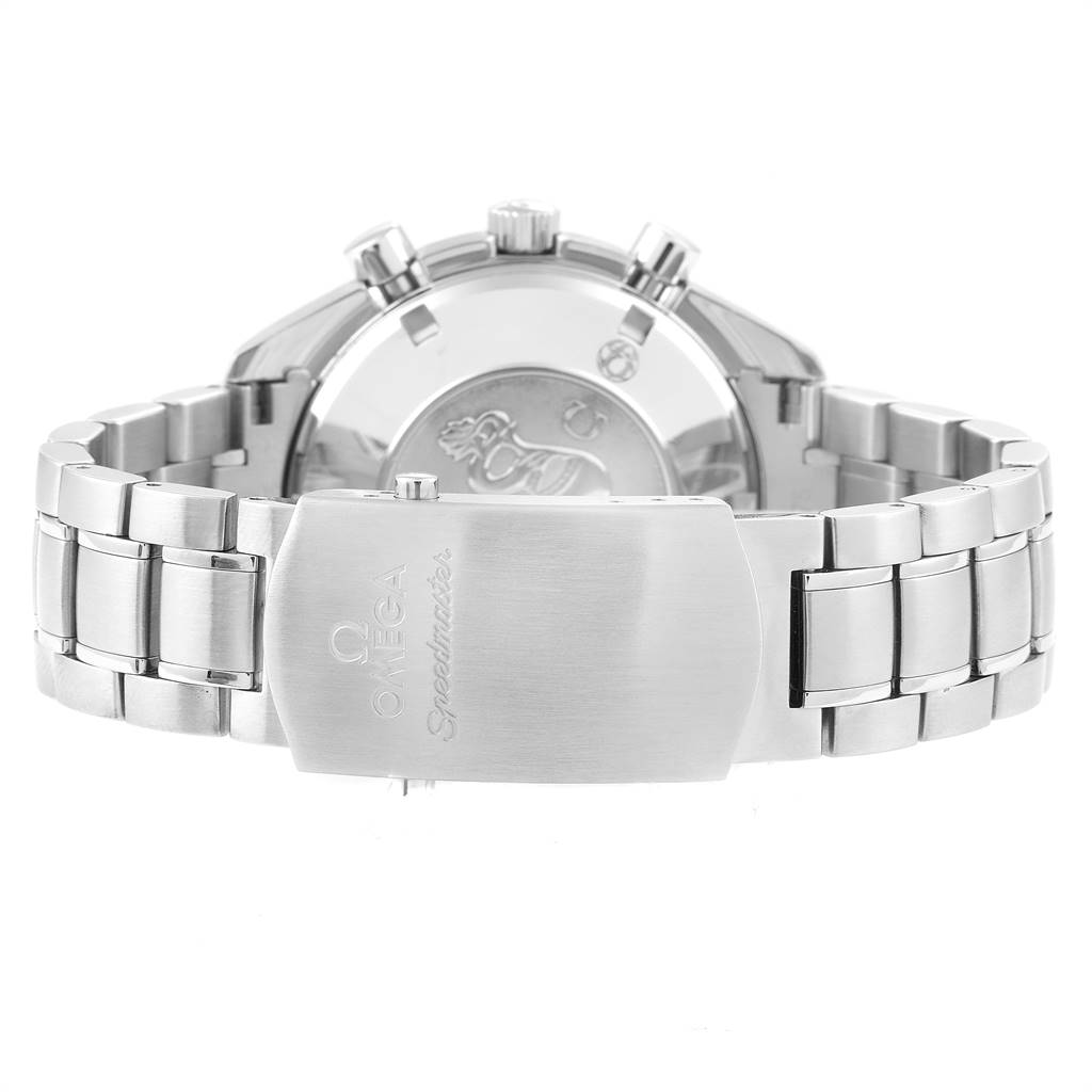 The image shows the Omega Speedmaster 323.10.40.40.02.001 Men
s Stainless Steel Silver Dial 323.10.40.40.02.001 Men
s Stainless Steel Silver Dial model
s stainless steel bracelet and engraved clasp from a rear angle.