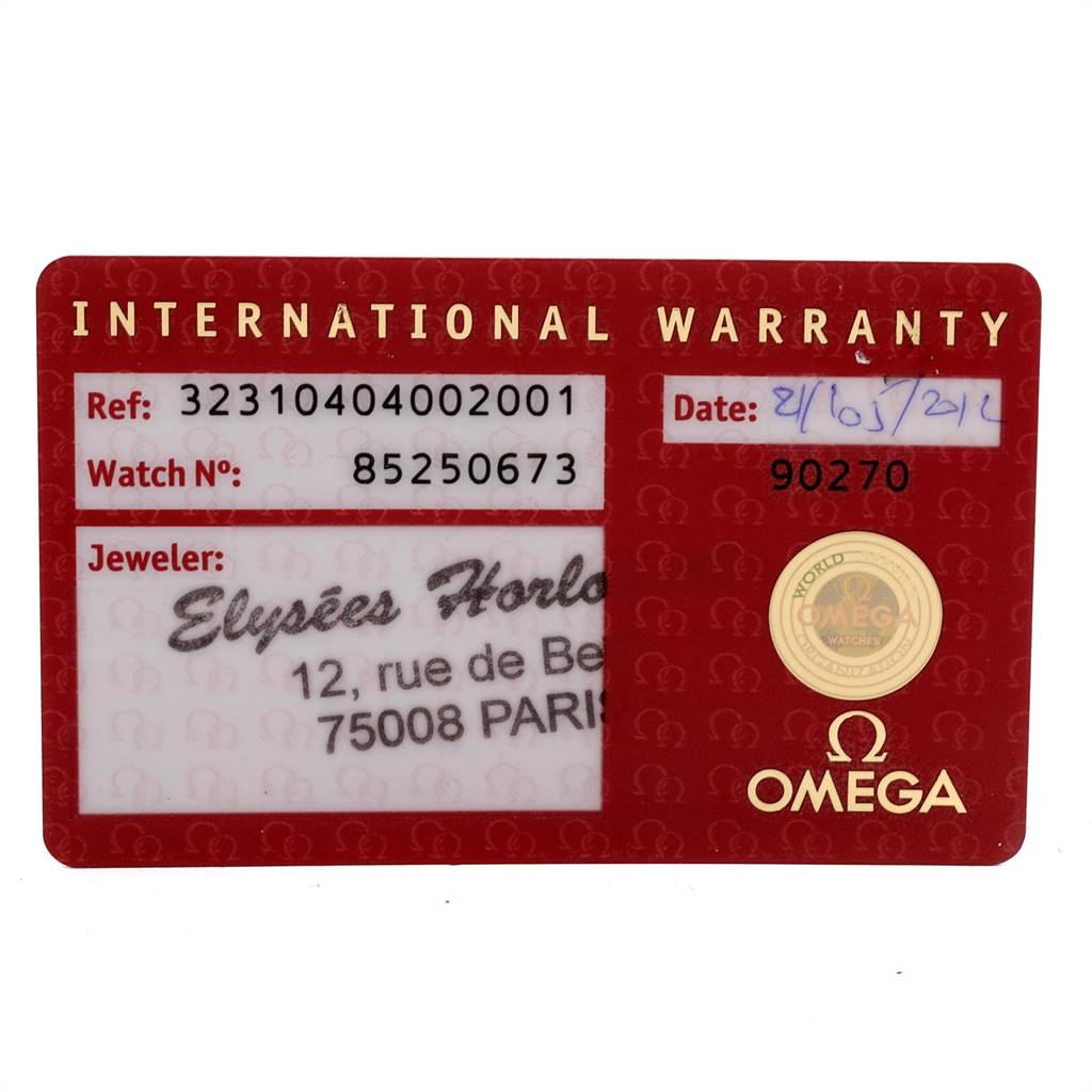 The image shows the front face of an Omega Speedmaster 323.10.40.40.02.001 Men
s Stainless Steel Silver Dial 323.10.40.40.02.001 Men
s Stainless Steel Silver Dial International Warranty card, displaying reference and serial numbers.