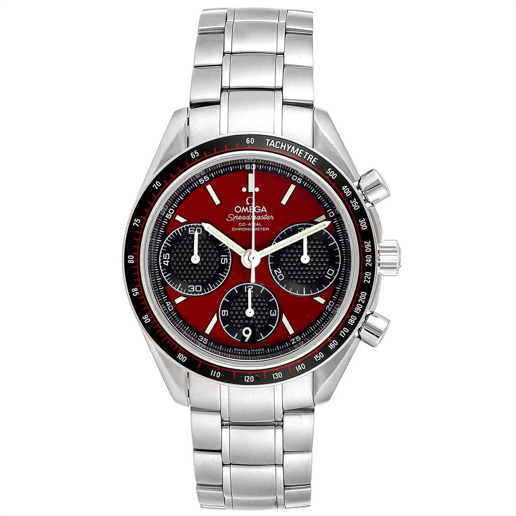 This image shows a front view of the Omega Speedmaster 326.30.40.50.11.001 Men's Stainless Steel Red Dial 326.30.40.50.11.001 Men's Stainless Steel Red Dial watch, highlighting its red dial, subdials, and stainless steel bracelet.