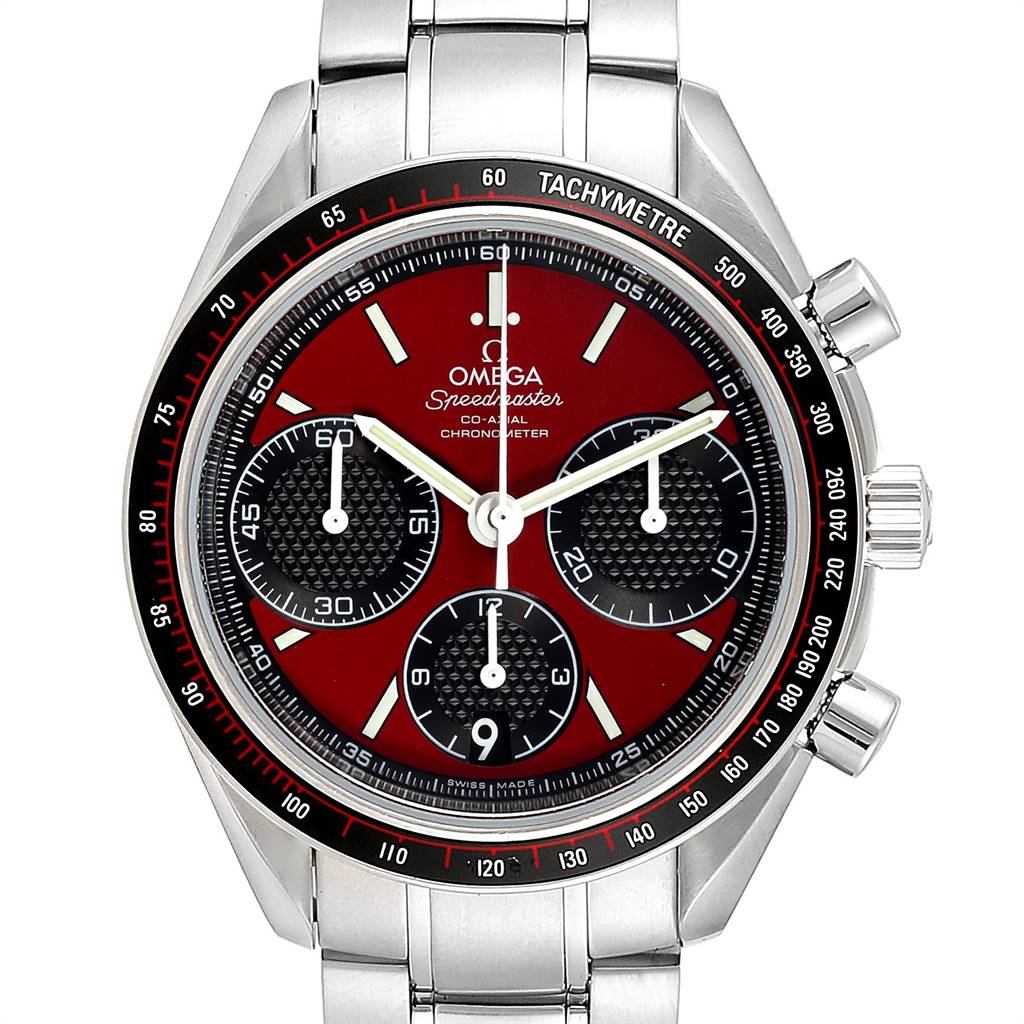 The Omega Speedmaster 326.30.40.50.11.001 Men's Stainless Steel Red Dial 326.30.40.50.11.001 Men's Stainless Steel Red Dial watch is shown from the front displaying the dial, chronograph subdials, tachymeter bezel, and stainless steel band.