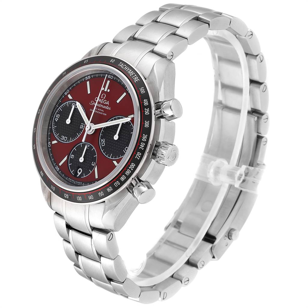 This image shows an Omega Speedmaster 326.30.40.50.11.001 Men's Stainless Steel Red Dial 326.30.40.50.11.001 Men's Stainless Steel Red Dial watch at a three-quarter angle, highlighting the bracelet, case, and dial details.