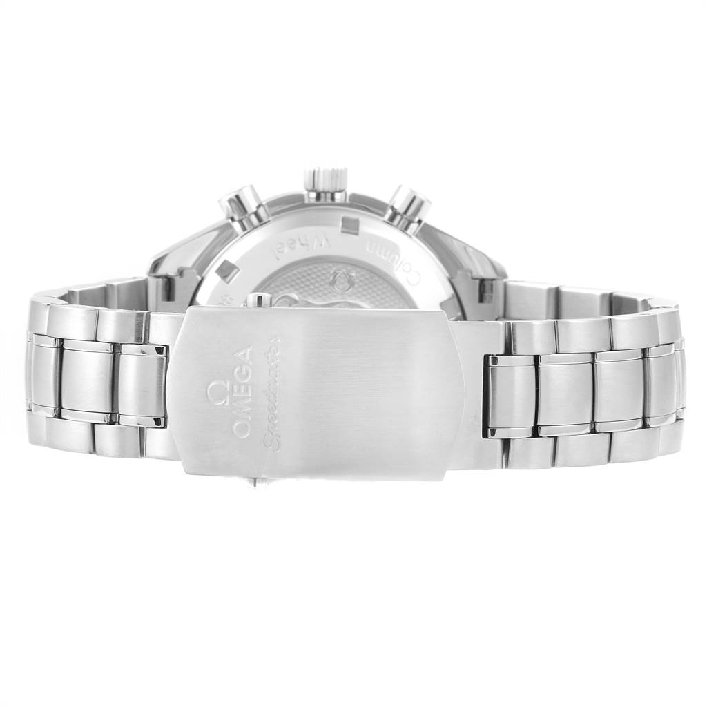 This image shows the backside and bracelet clasp of an Omega Speedmaster 326.30.40.50.11.001 Men's Stainless Steel Red Dial 326.30.40.50.11.001 Men's Stainless Steel Red Dial watch.